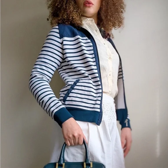 Lauren Active by Ralph Lauren L-RL Navy Blue & White Striped Zip-Up Track Jacket - Picture 2 of 16